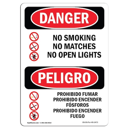 Signmission OSHA Sign, No Smoking Matches Open Lights Bilingual, 14in X 10in Decal, 10" W, 14" L, Spanish OS-DS-D-1014-VS-1473